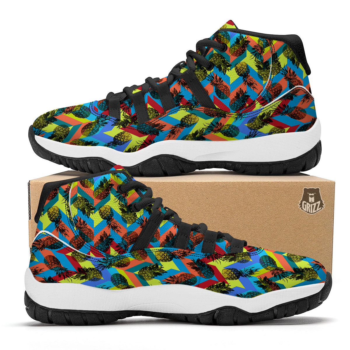 Pineapple Zigzag Print Pattern Black Bball Shoes-grizzshop