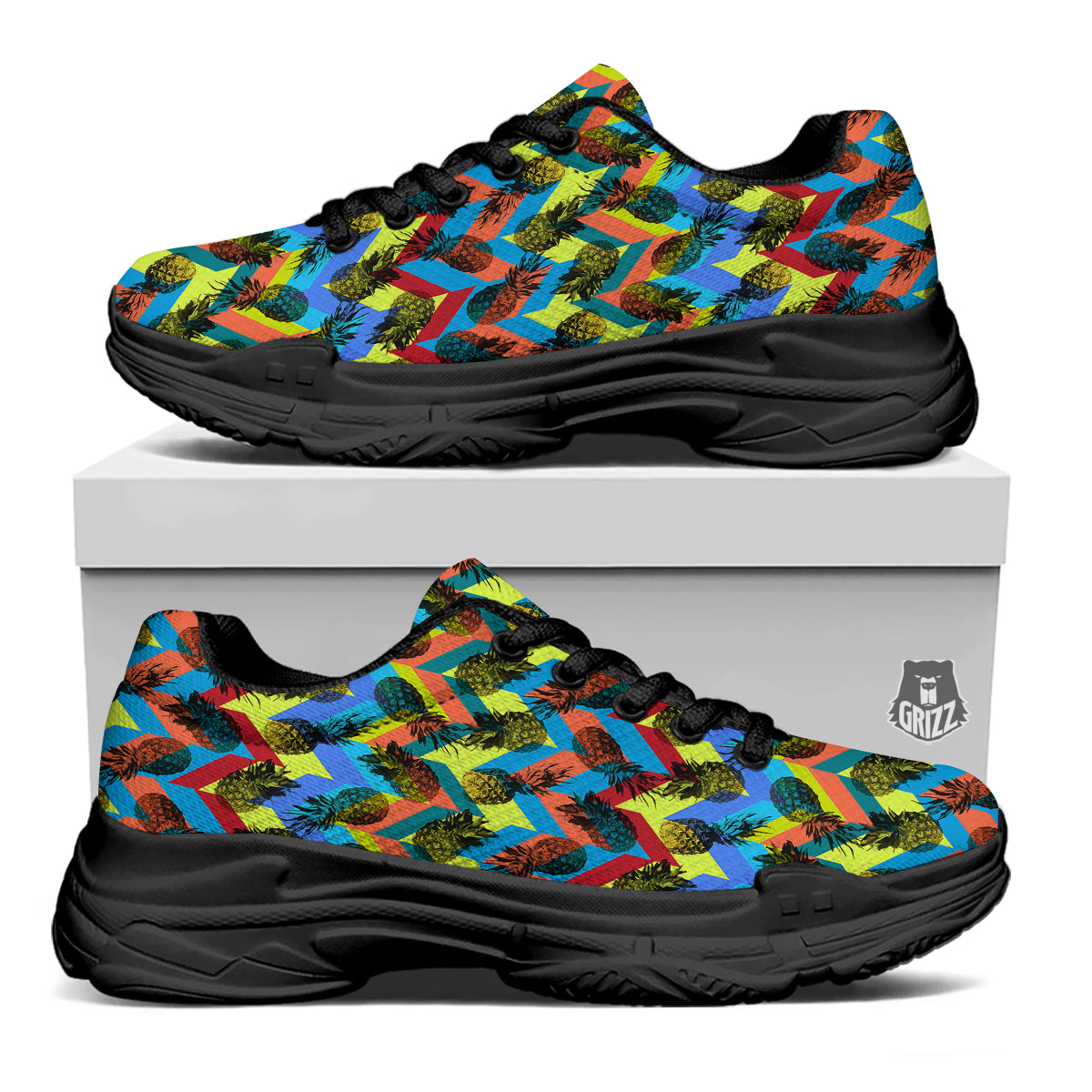 Pineapple Zigzag Print Pattern Black Chunky Shoes-grizzshop