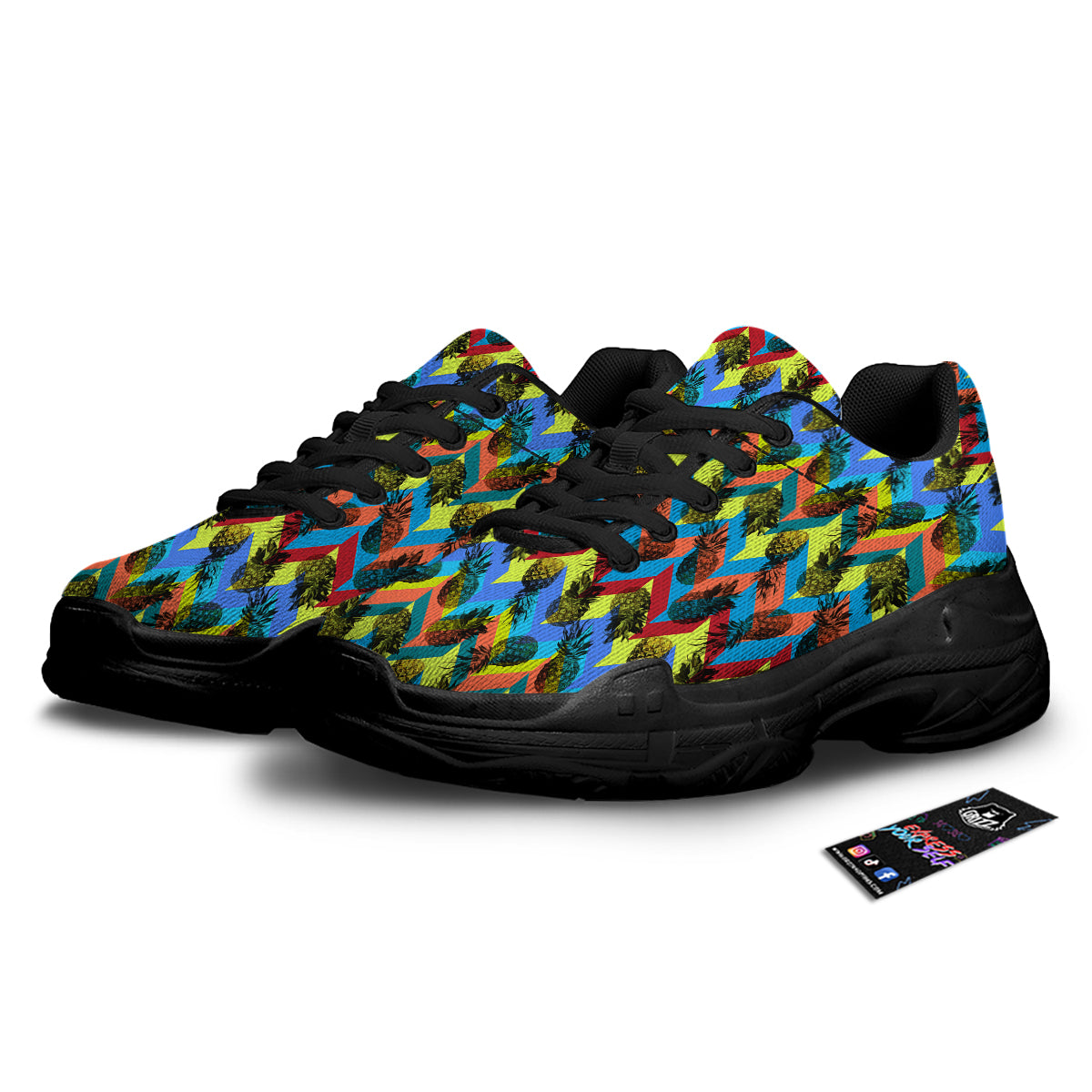 Pineapple Zigzag Print Pattern Black Chunky Shoes-grizzshop