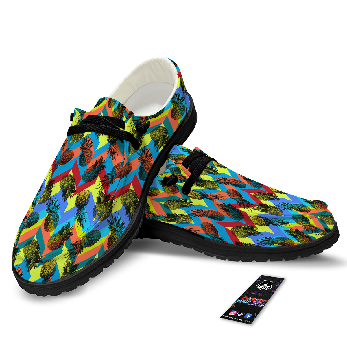 Pineapple Zigzag Print Pattern Black Loafers-grizzshop