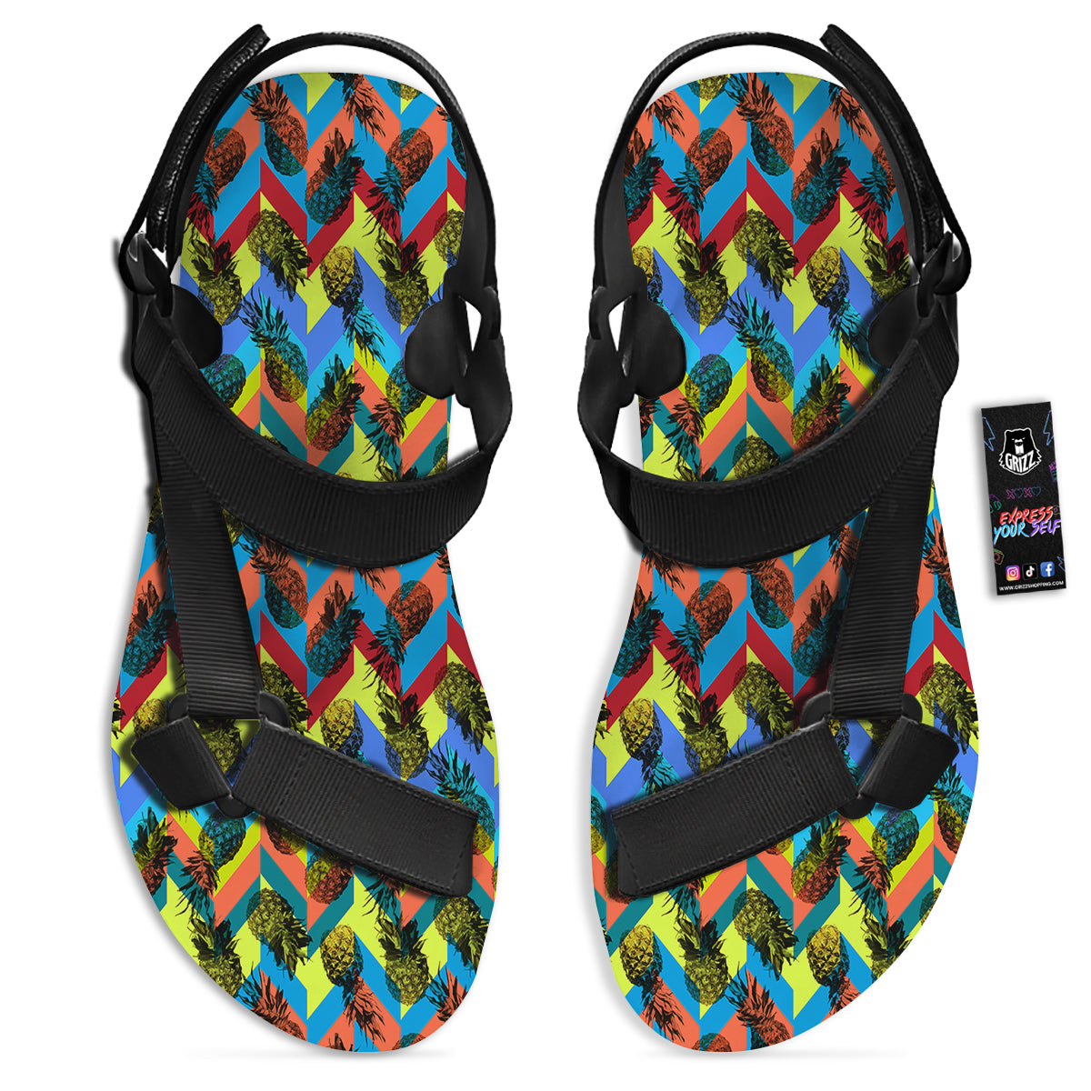 Pineapple Zigzag Print Pattern Black Open Toe Sandals-grizzshop