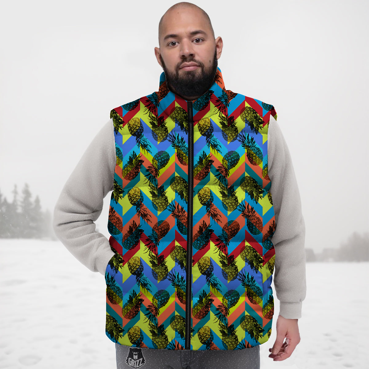 Pineapple Zigzag Print Pattern Down Vest-grizzshop