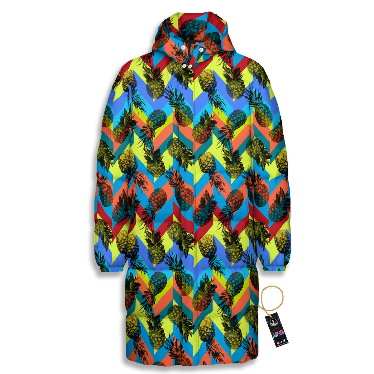 Pineapple Zigzag Print Pattern Long Down Jacket-grizzshop