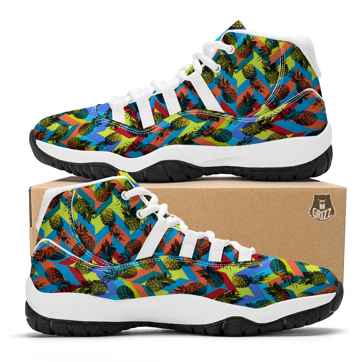 Pineapple Zigzag Print Pattern White Bball Shoes-grizzshop