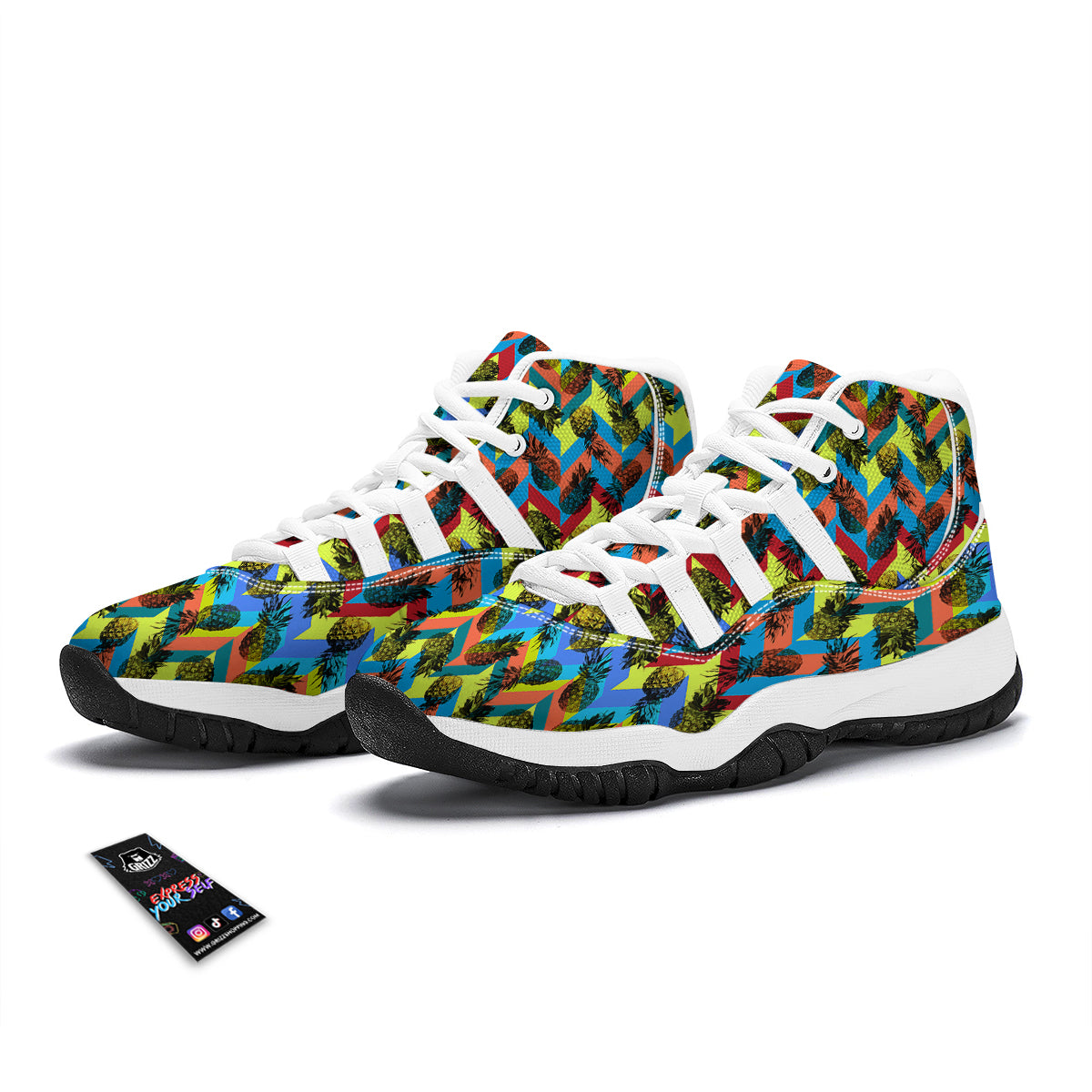 Pineapple Zigzag Print Pattern White Bball Shoes-grizzshop