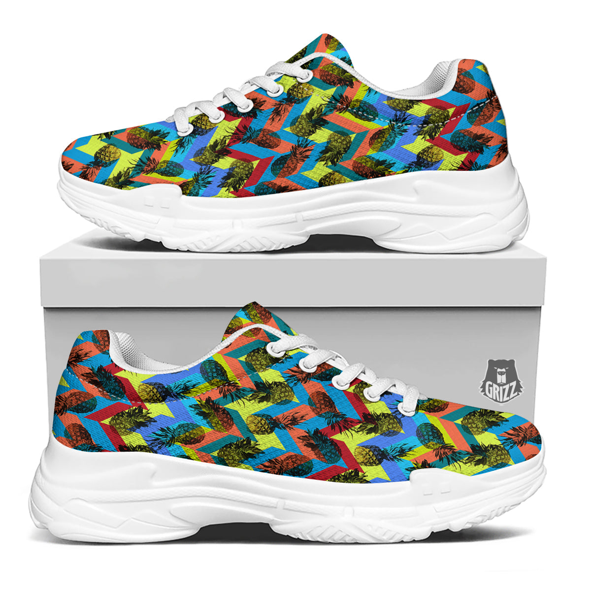 Pineapple Zigzag Print Pattern White Chunky Shoes-grizzshop