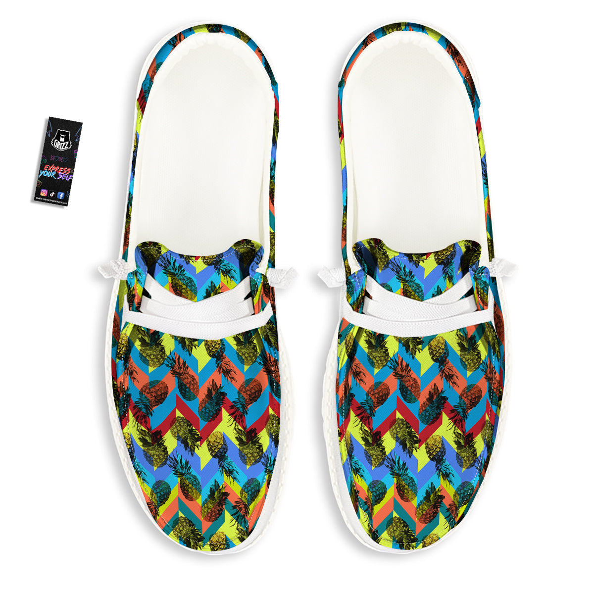Pineapple Zigzag Print Pattern White Loafers-grizzshop