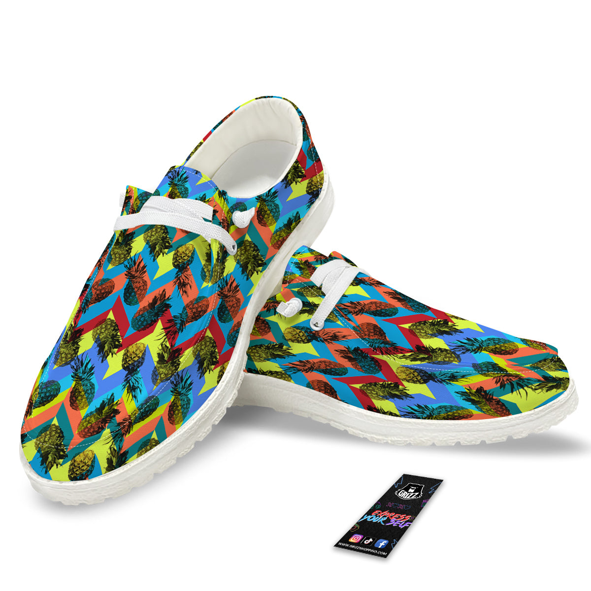 Pineapple Zigzag Print Pattern White Loafers-grizzshop