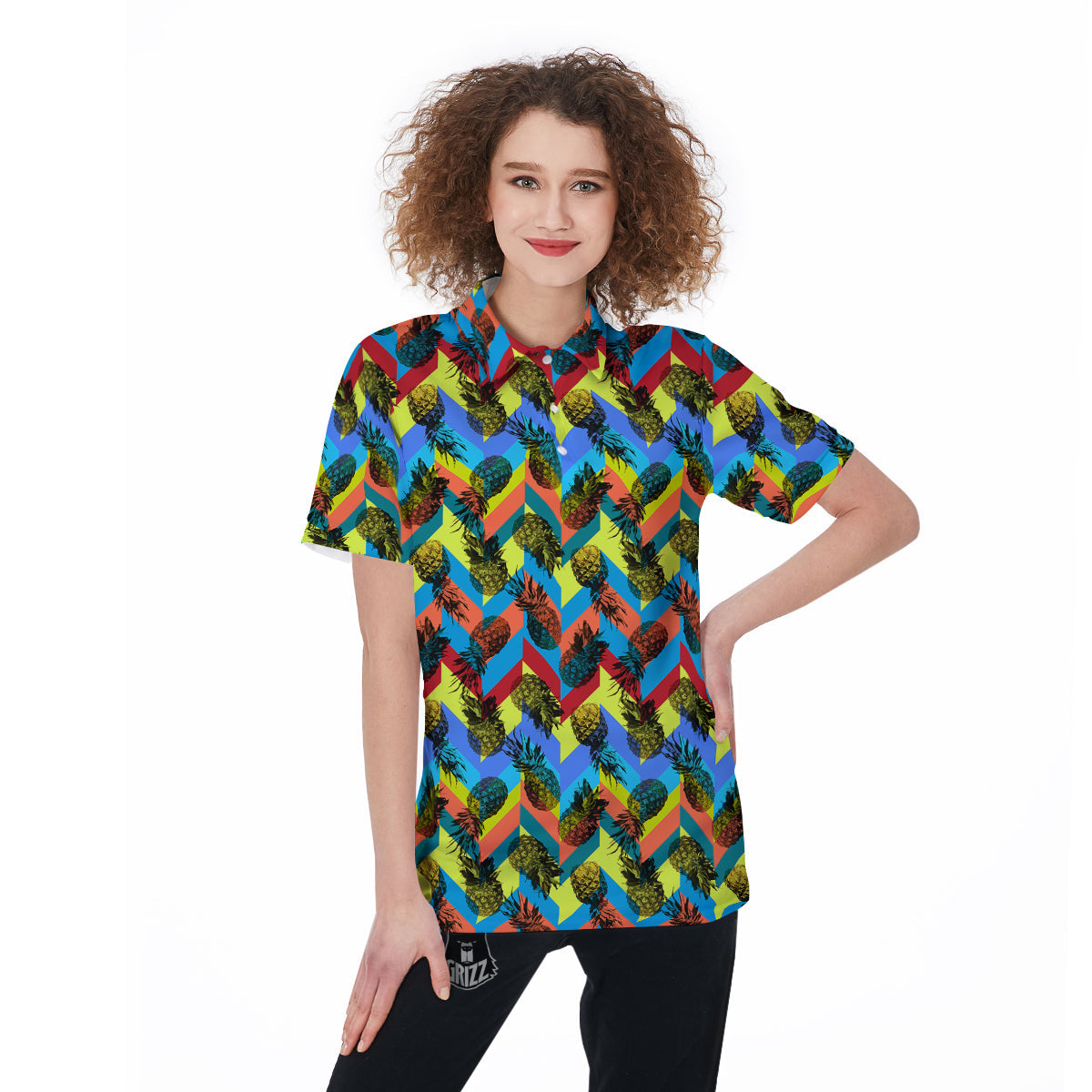 Pineapple Zigzag Print Pattern Women's Golf Shirts-grizzshop
