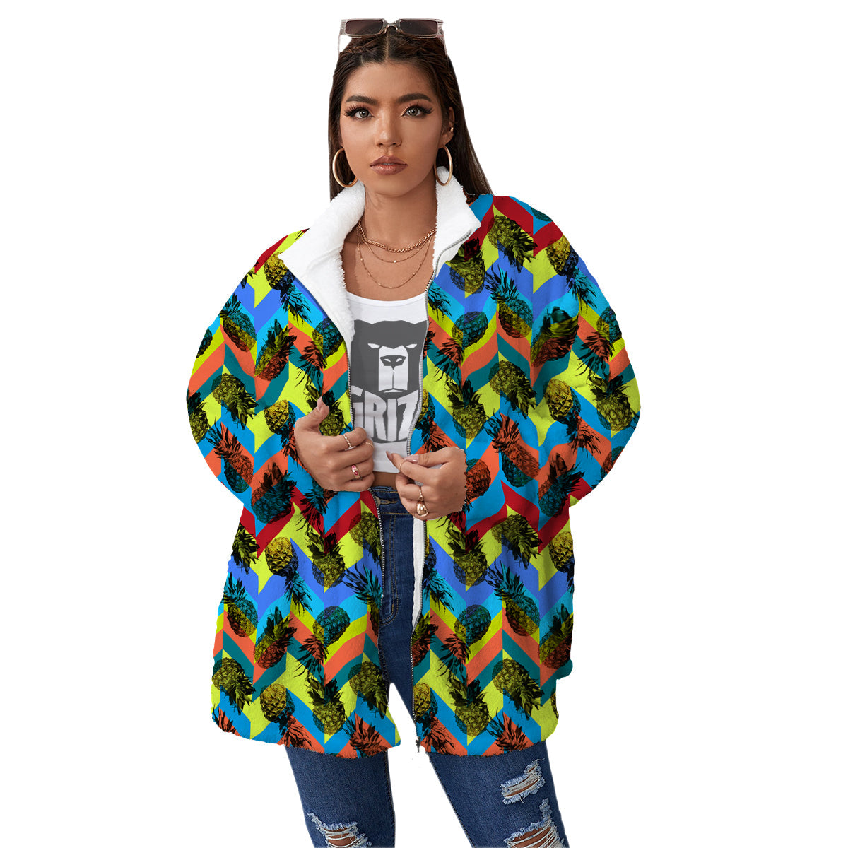Pineapple Zigzag Print Pattern Women's Sherpa Jacket-grizzshop