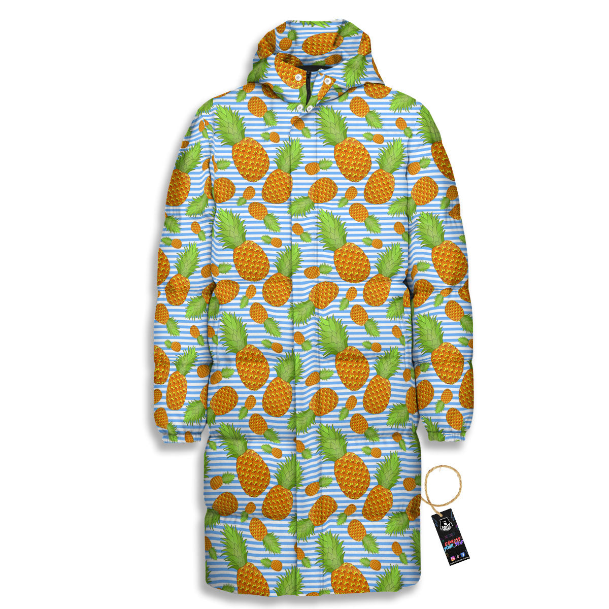 Pineapple Blue Striped Print Pattern Long Down Jacket