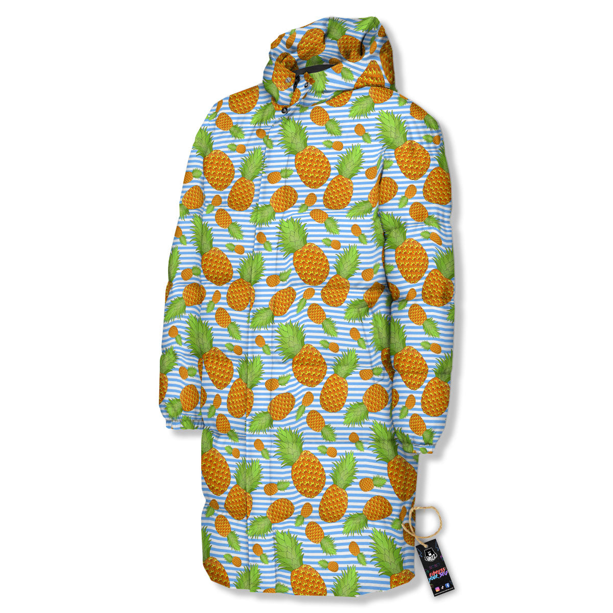 Pineapple Blue Striped Print Pattern Long Down Jacket