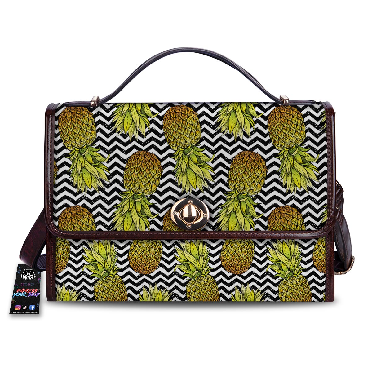 Pineapple White Zig Zag Print Pattern Women's Satchel Bag