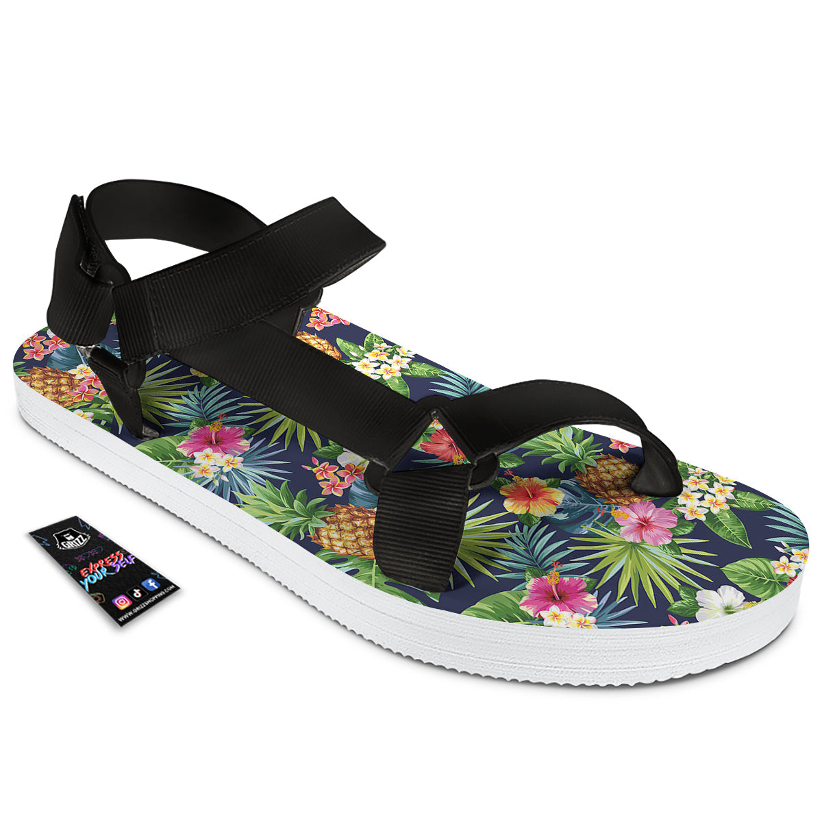 Pineapples Tropical Print Pattern Black Open Toe Sandals-grizzshop