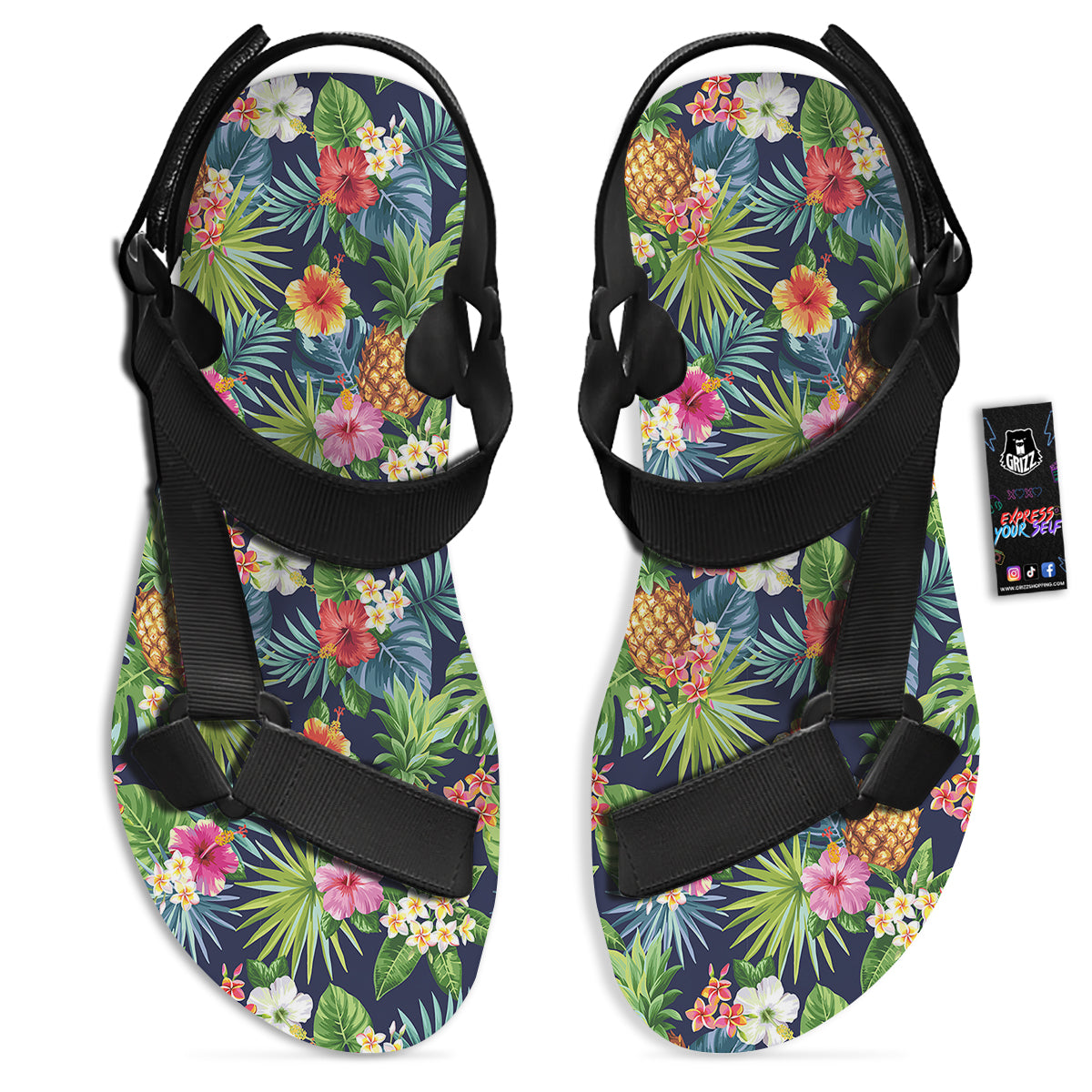 Pineapples Tropical Print Pattern Black Open Toe Sandals-grizzshop