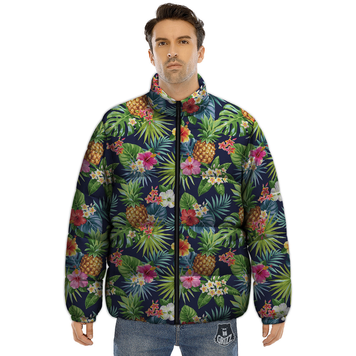 Pineapples Tropical Print Pattern Puffer Jacket-grizzshop