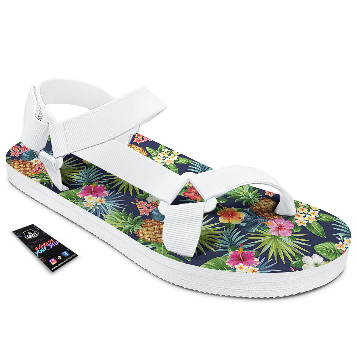 Pineapples Tropical Print Pattern White Open Toe Sandals-grizzshop