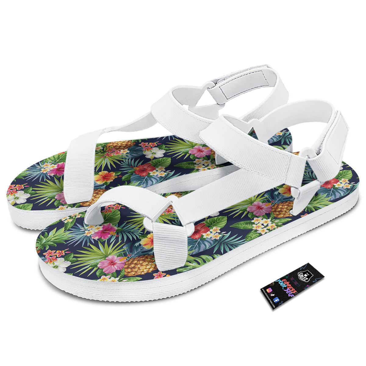 Pineapples Tropical Print Pattern White Open Toe Sandals-grizzshop