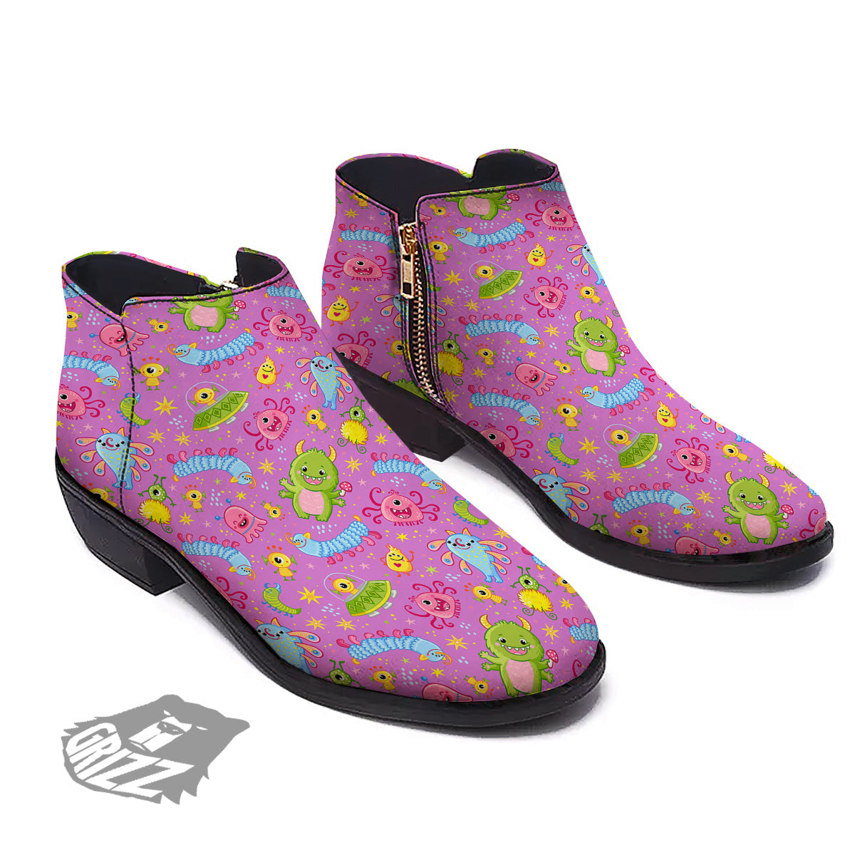 Pink Alien And Cute Monsters Print Pattern Ankle Boots-grizzshop