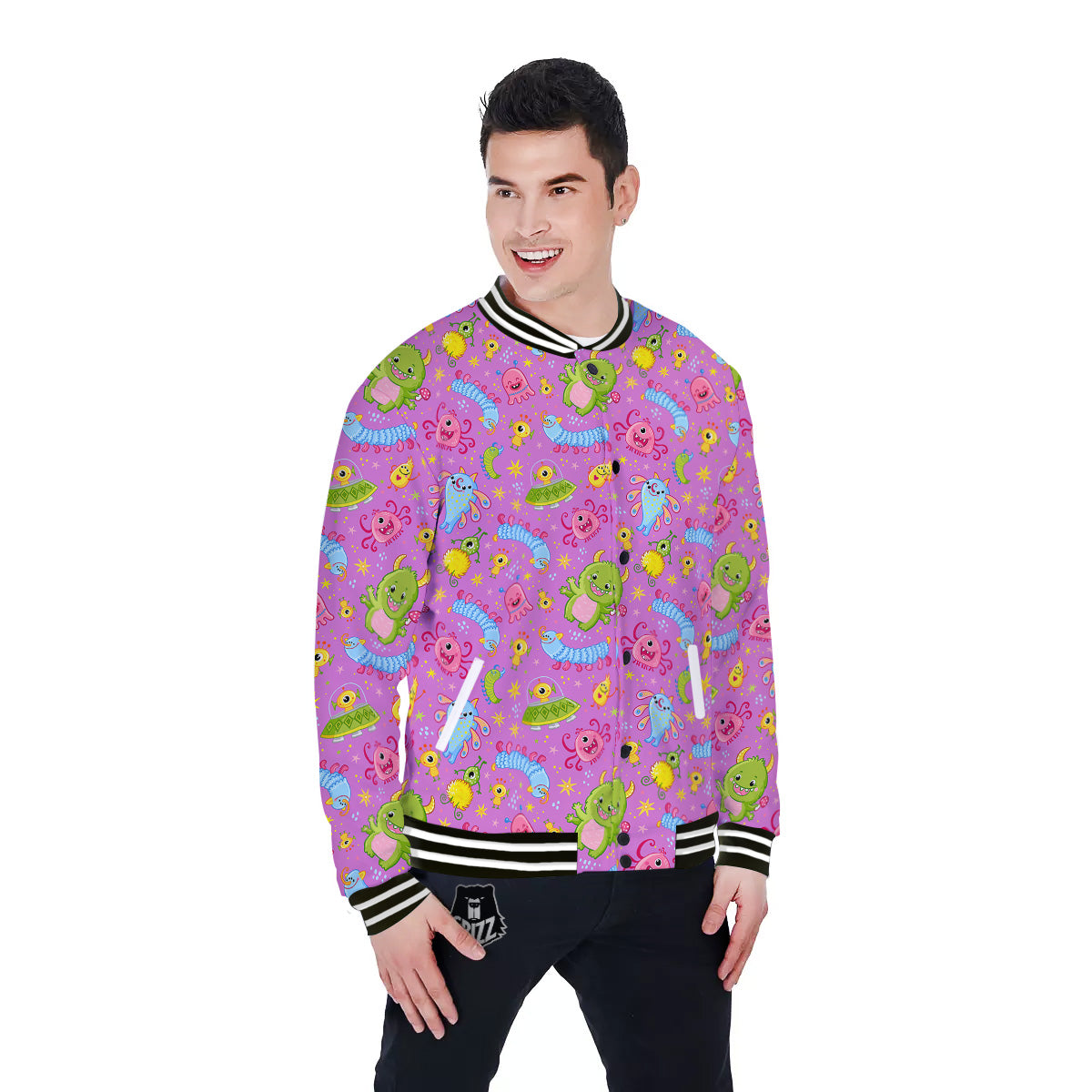 Pink Alien And Cute Monsters Print Pattern Baseball Jacket-grizzshop