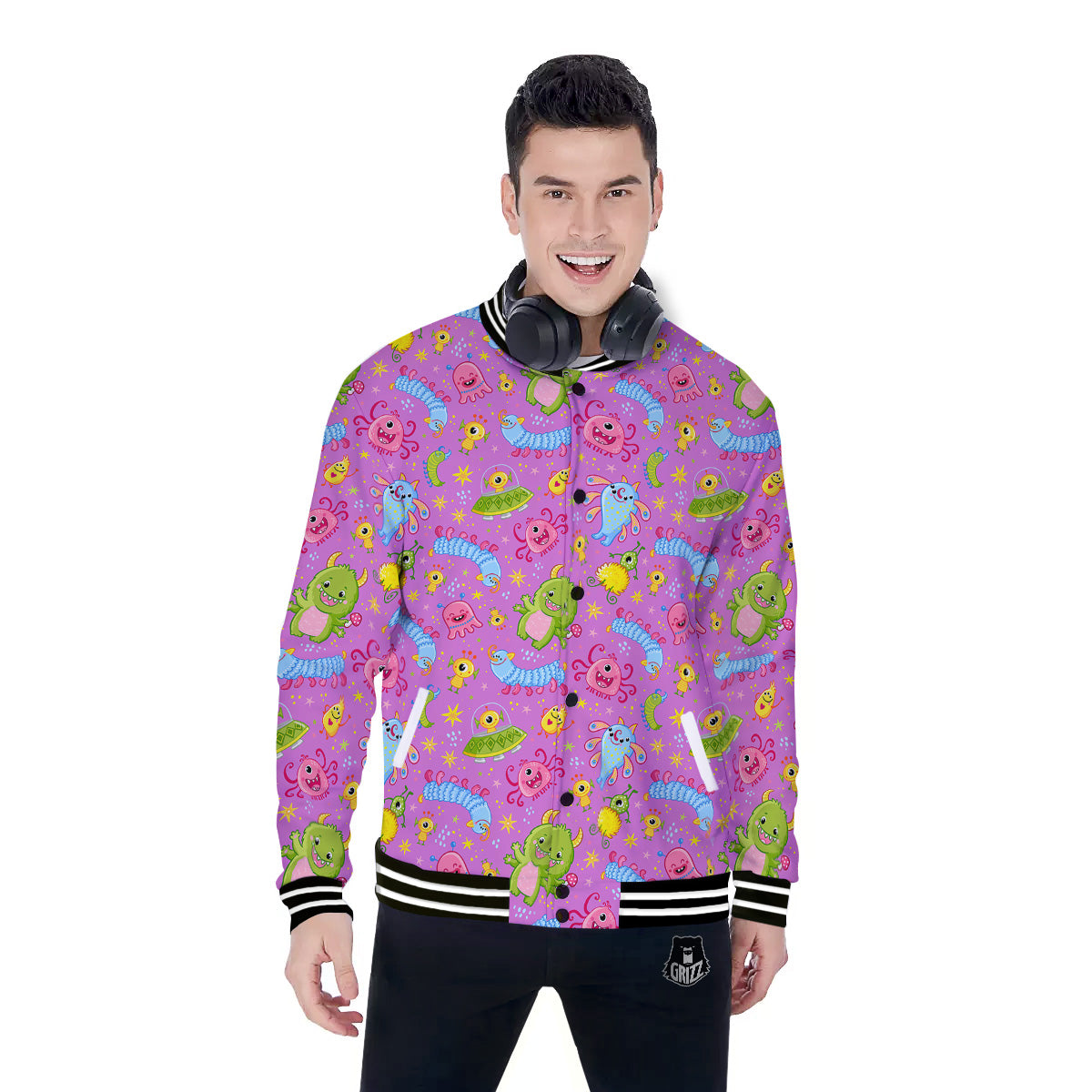 Pink Alien And Cute Monsters Print Pattern Baseball Jacket-grizzshop