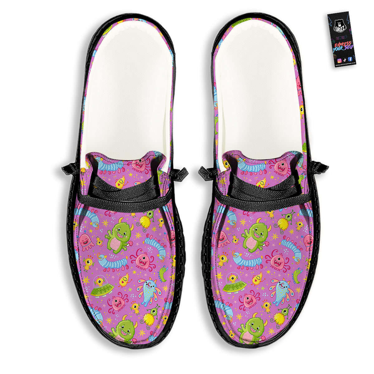 Pink Alien And Cute Monsters Print Pattern Black Loafers-grizzshop
