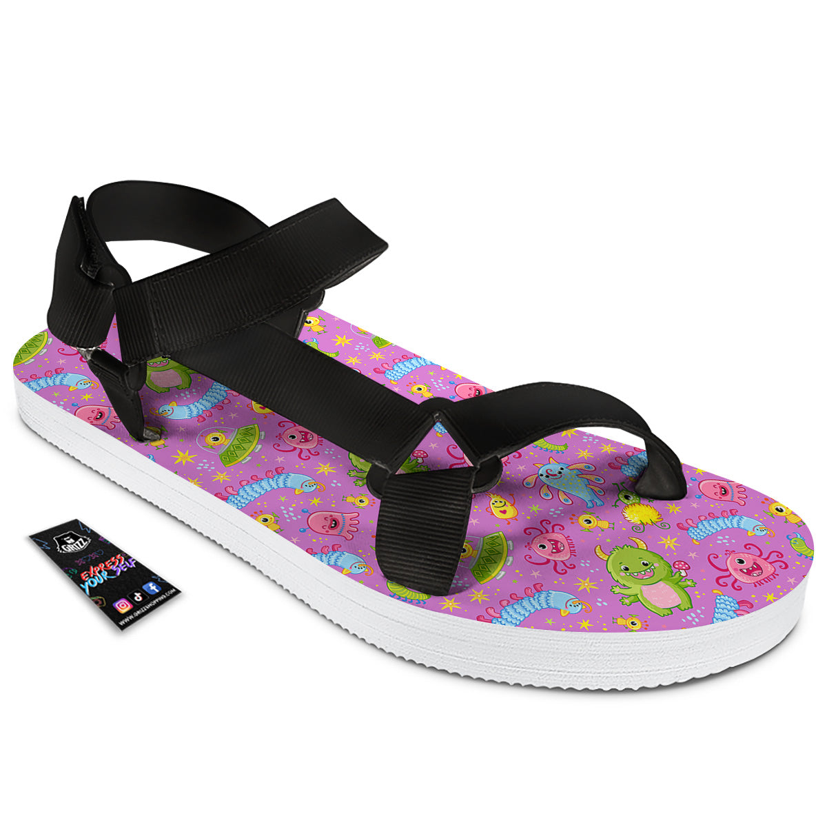 Pink Alien And Cute Monsters Print Pattern Black Open Toe Sandals-grizzshop