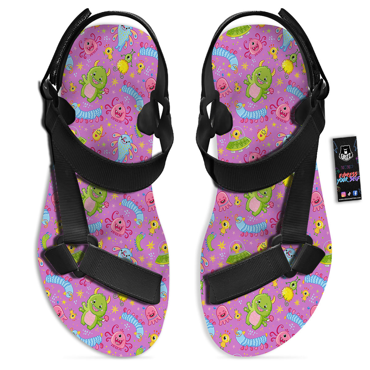 Pink Alien And Cute Monsters Print Pattern Black Open Toe Sandals-grizzshop