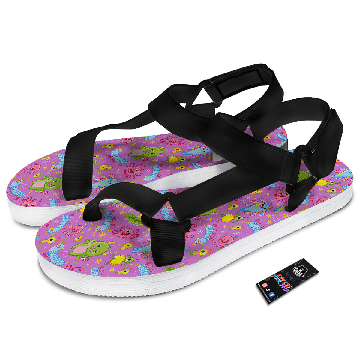 Pink Alien And Cute Monsters Print Pattern Black Open Toe Sandals-grizzshop