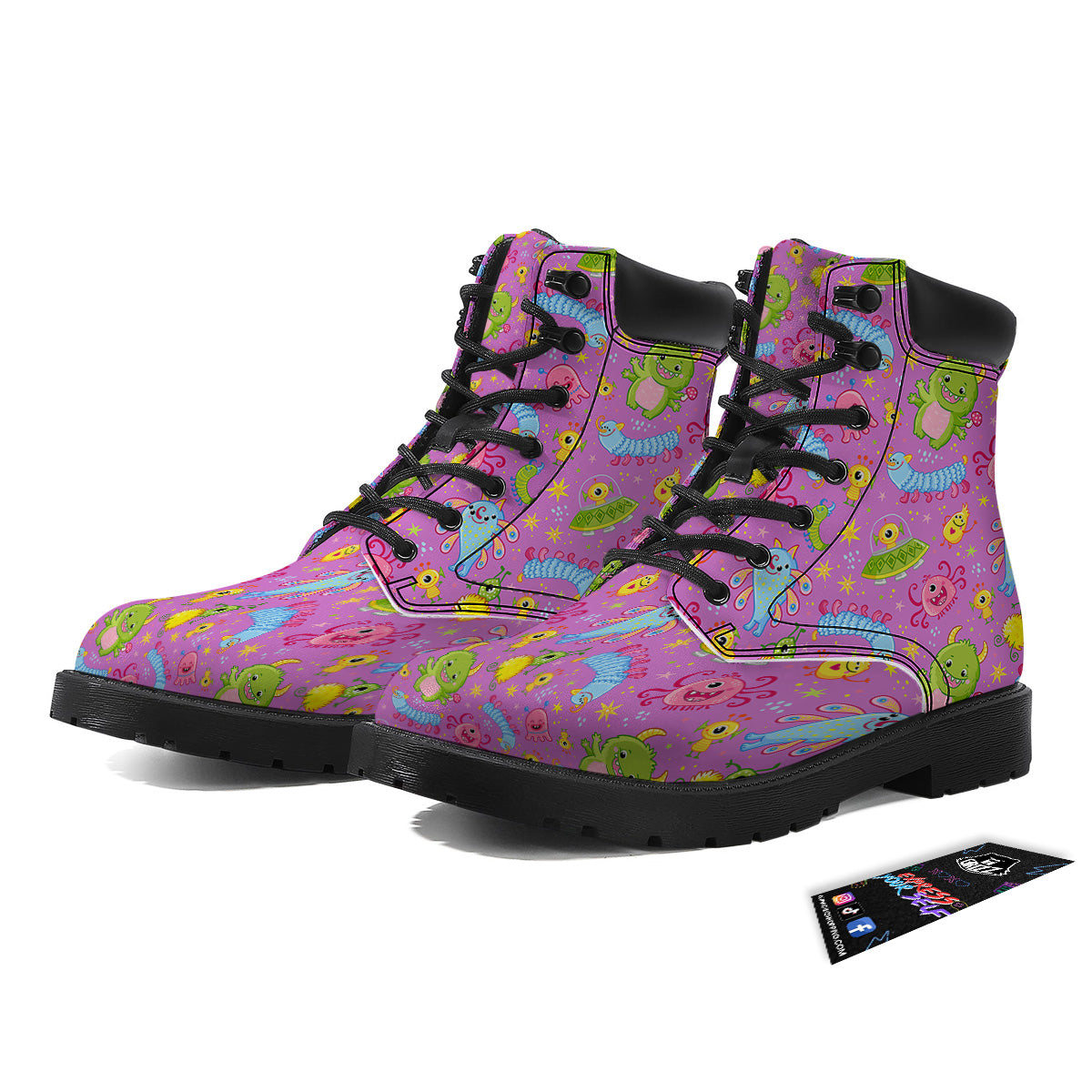 Pink Alien And Cute Monsters Print Pattern Boots-grizzshop