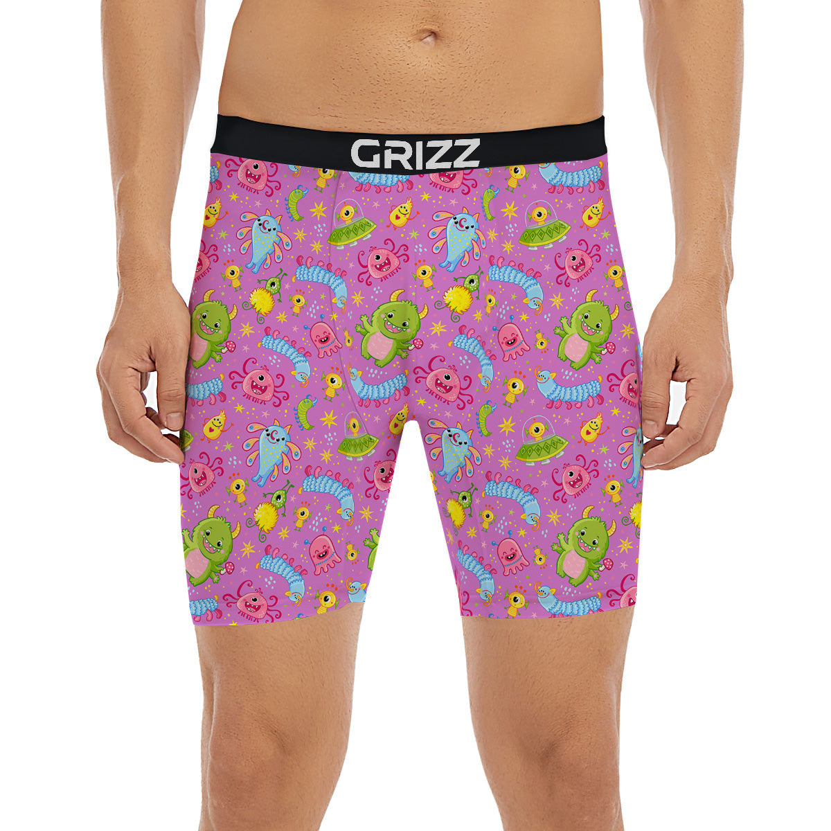 Pink Alien And Cute Monsters Print Pattern Boxer Briefs-grizzshop