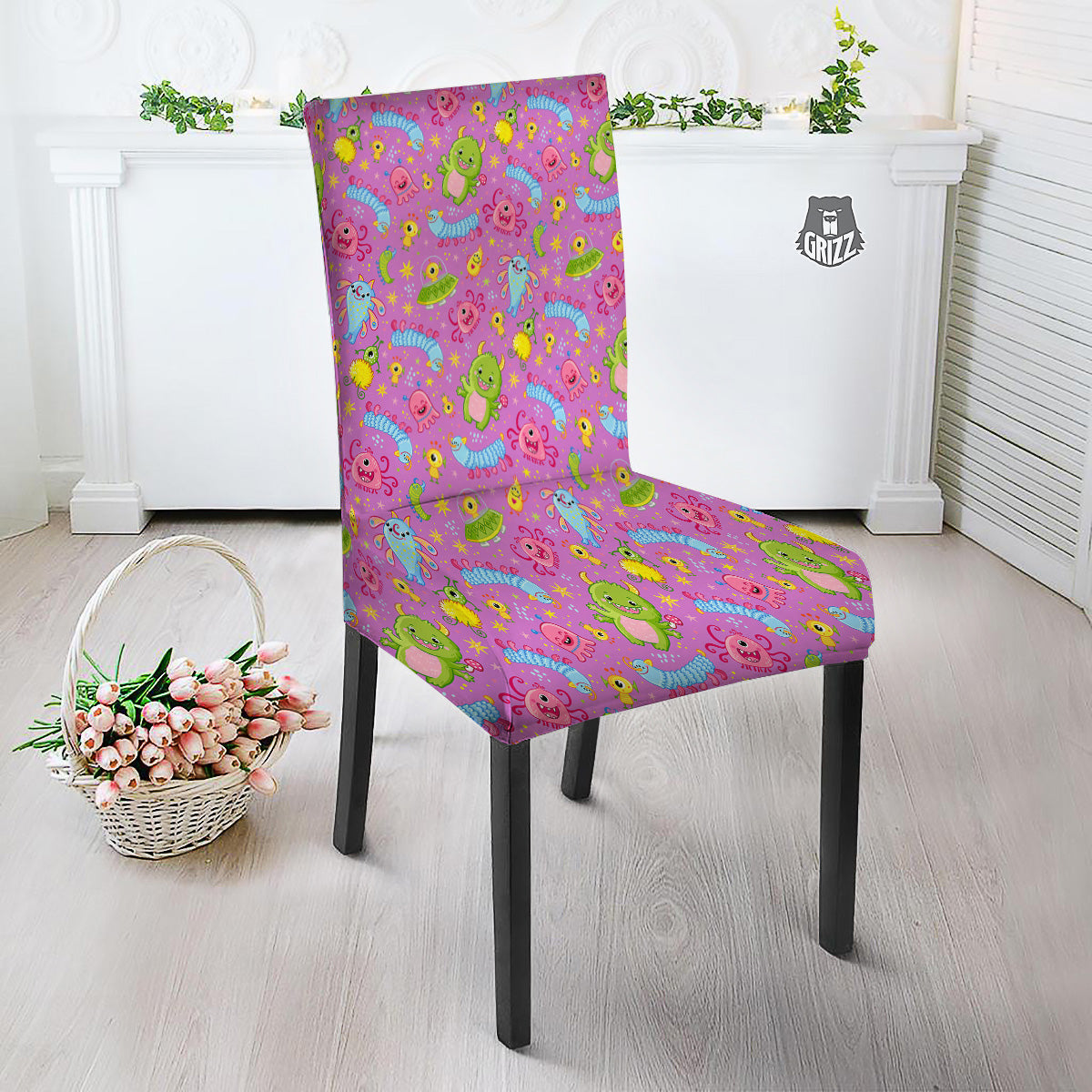 Pink Alien And Cute Monsters Print Pattern Dining Chair Slipcover-grizzshop