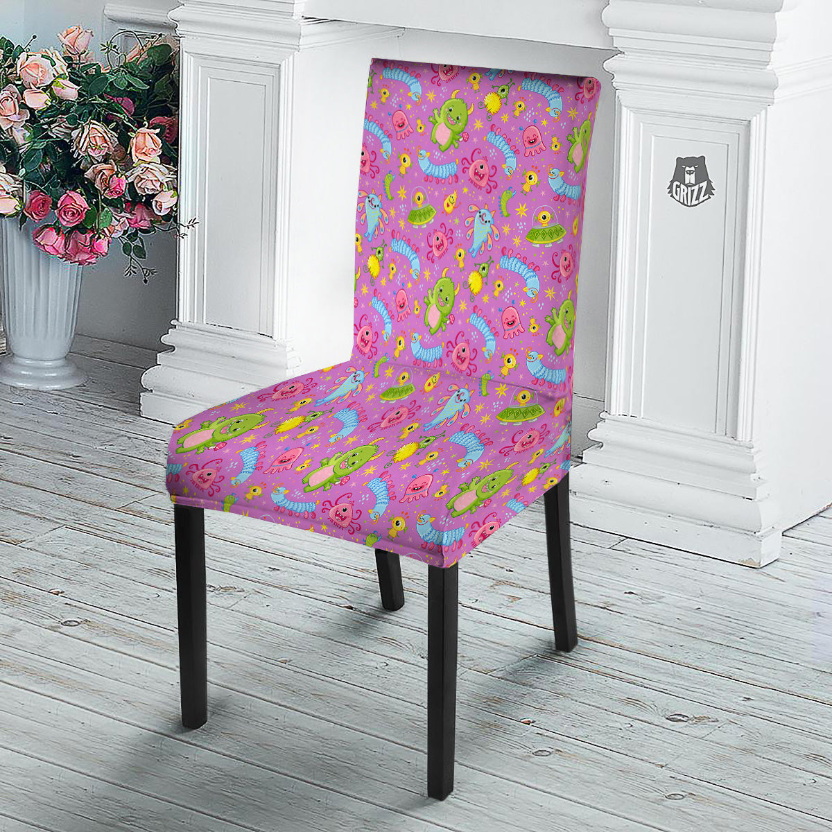 Pink Alien And Cute Monsters Print Pattern Dining Chair Slipcover-grizzshop