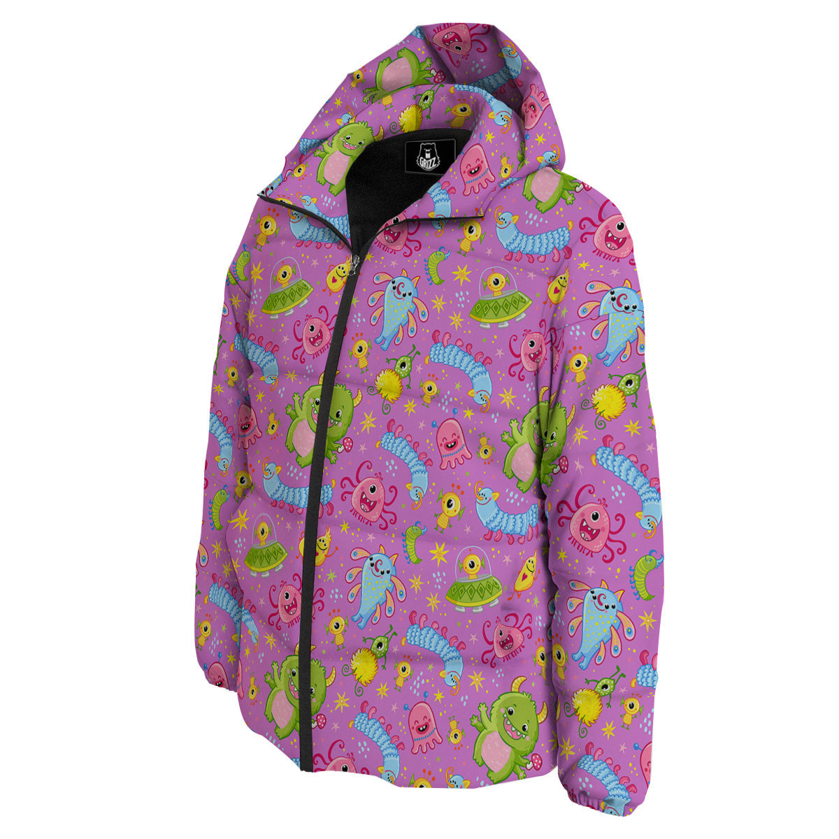 Pink Alien And Cute Monsters Print Pattern Down Jacket-grizzshop