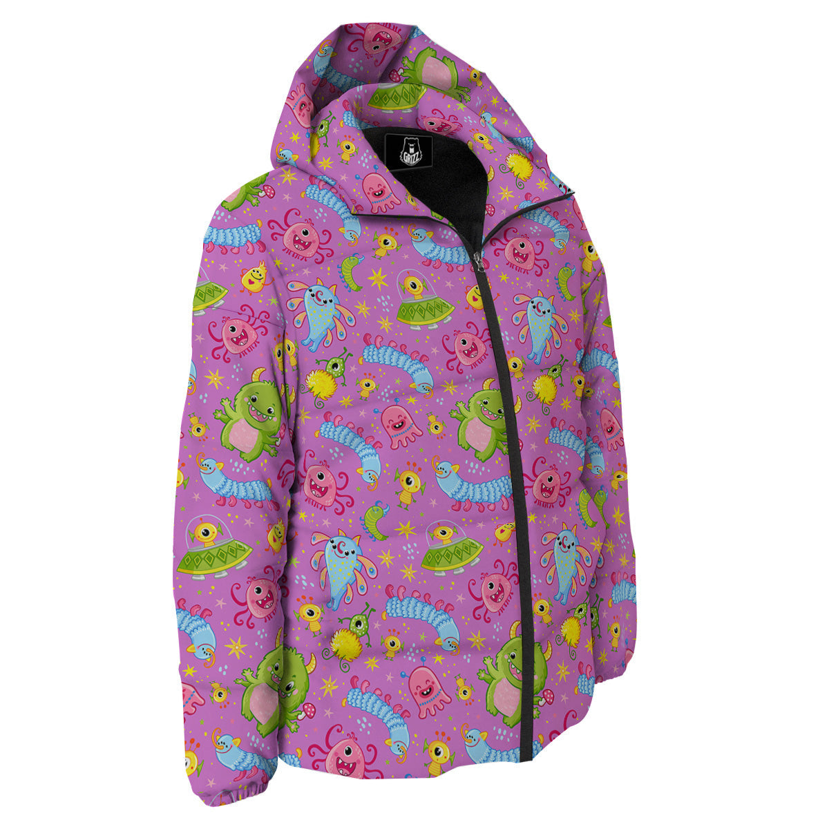 Pink Alien And Cute Monsters Print Pattern Down Jacket-grizzshop
