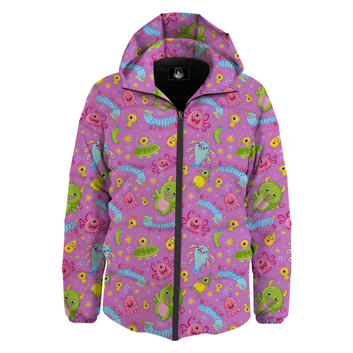 Pink Alien And Cute Monsters Print Pattern Down Jacket-grizzshop