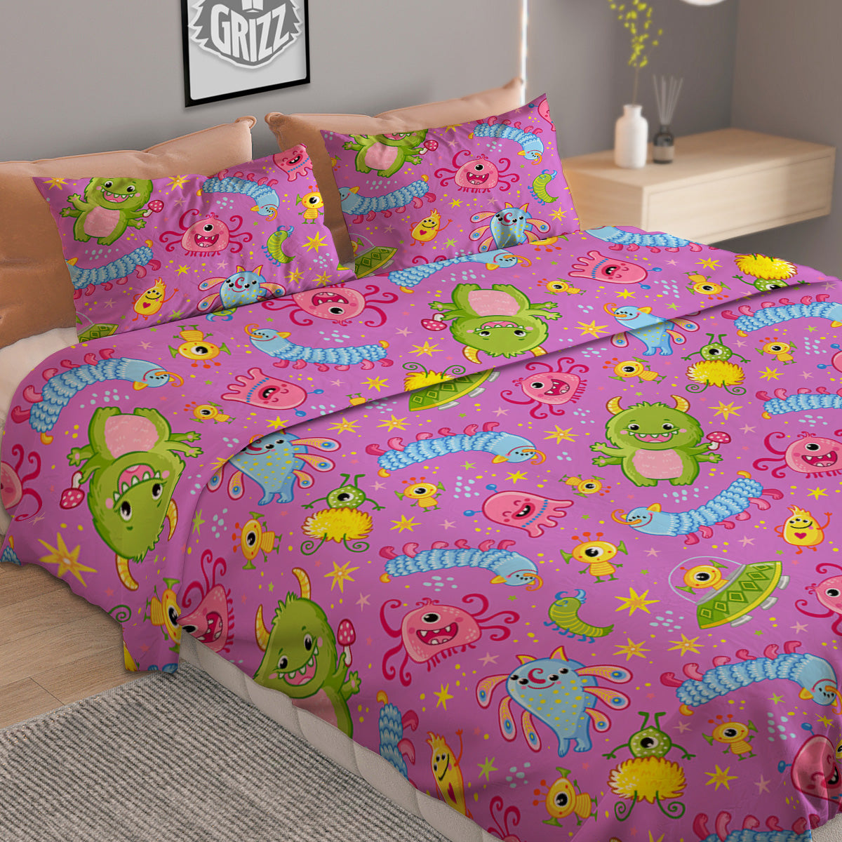 Pink Alien And Cute Monsters Print Pattern Duvet Cover Bedding Set