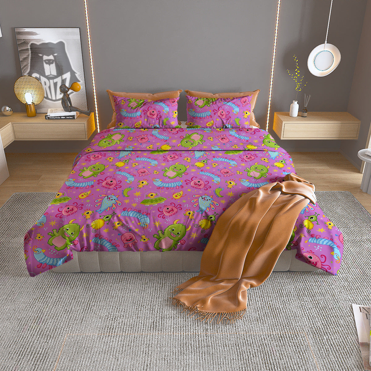 Pink Alien And Cute Monsters Print Pattern Duvet Cover Bedding Set