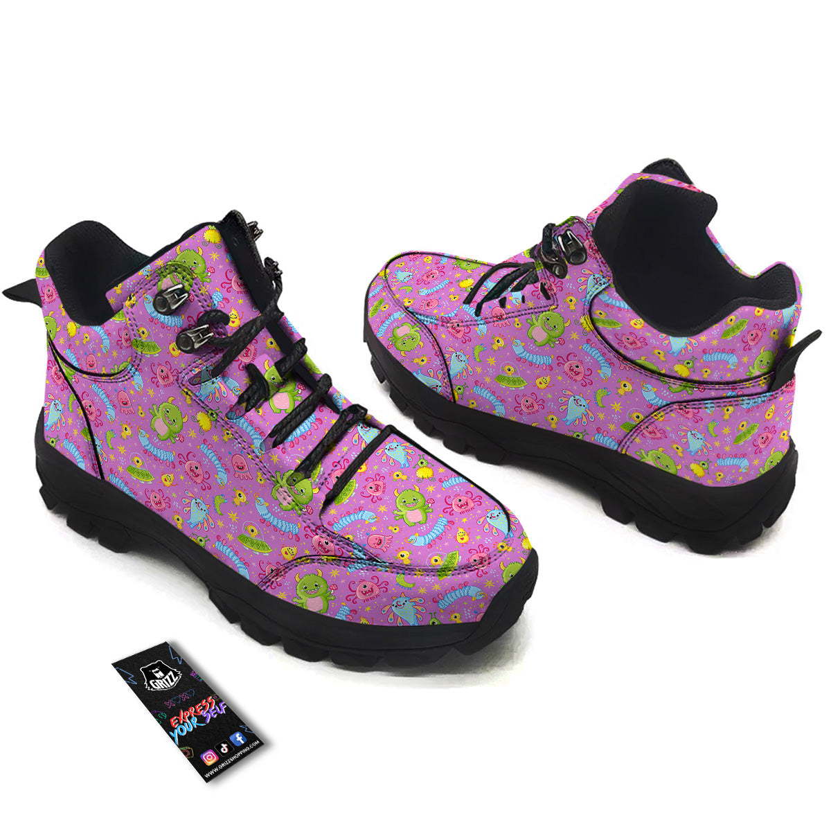 Pink Alien And Cute Monsters Print Pattern Hiking Shoes-grizzshop