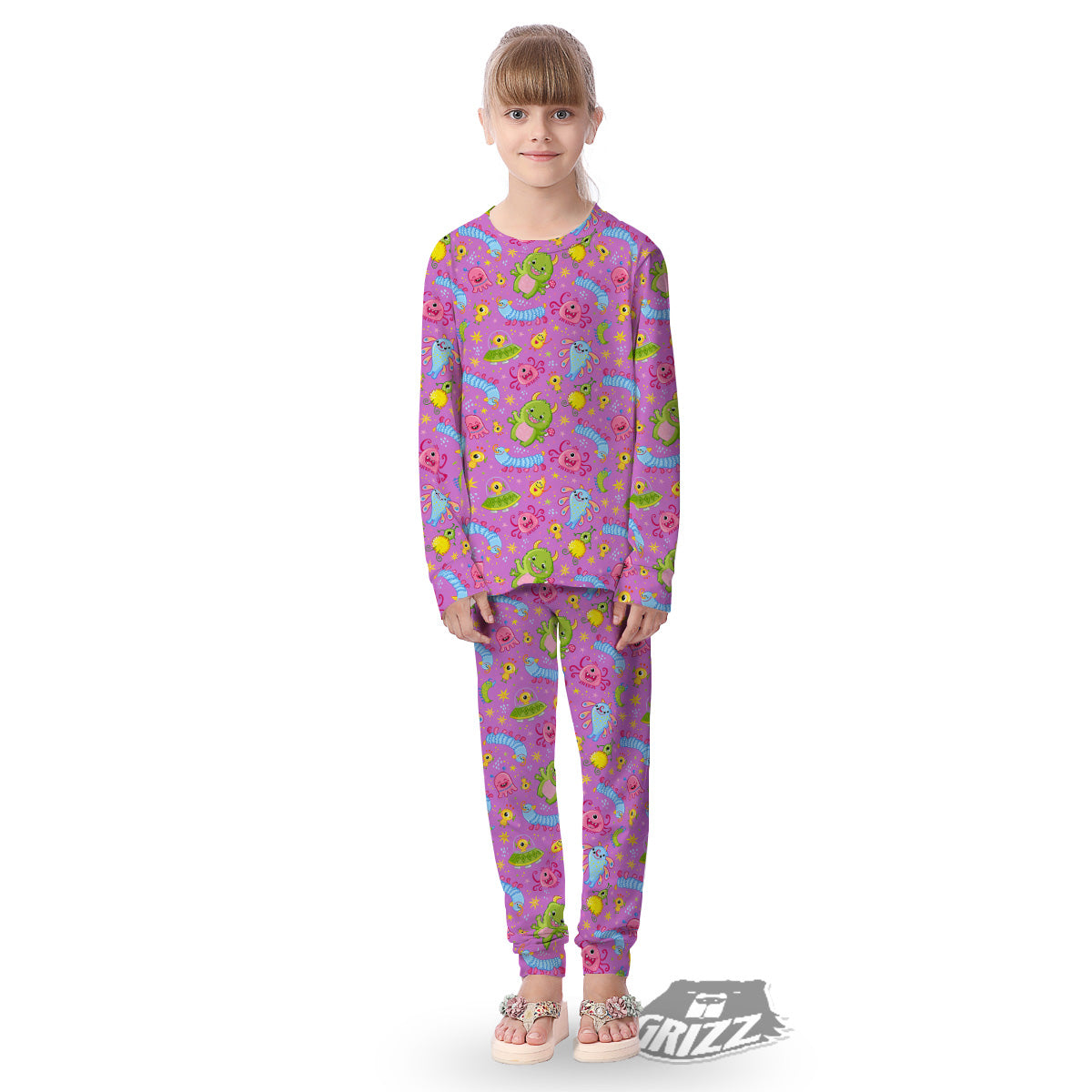 Pink Alien And Cute Monsters Print Pattern Kid's Pajamas-grizzshop