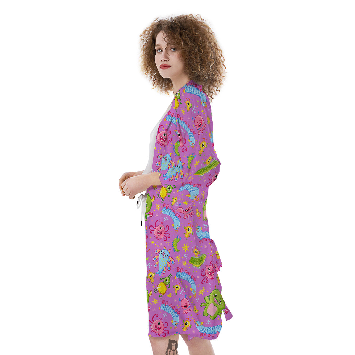 Pink Alien And Cute Monsters Print Pattern Kimono-grizzshop