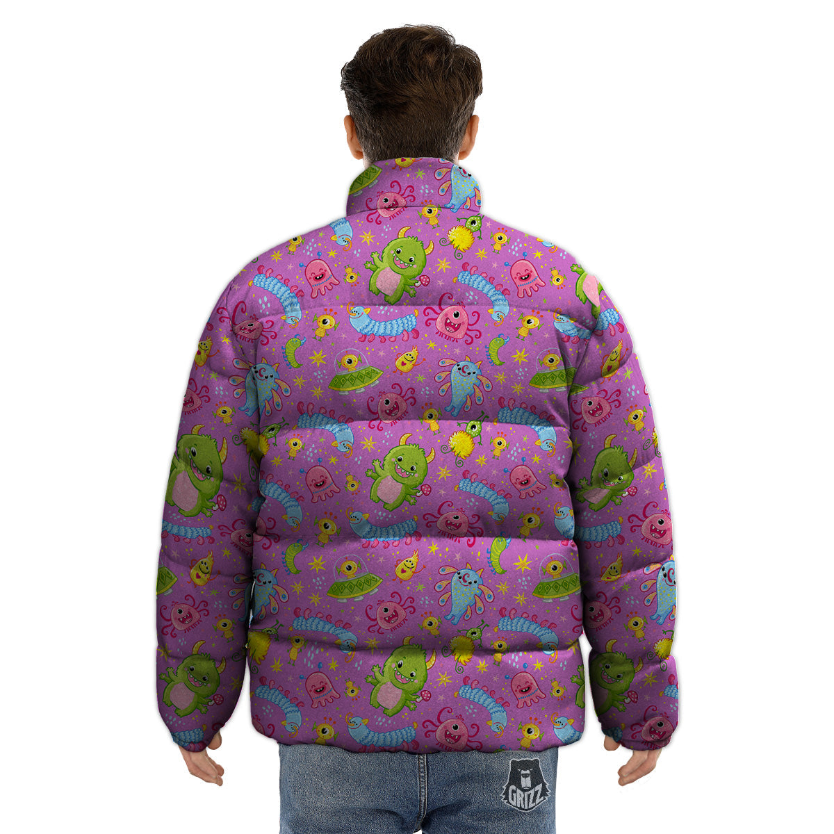 Pink Alien And Cute Monsters Print Pattern Puffer Jacket-grizzshop