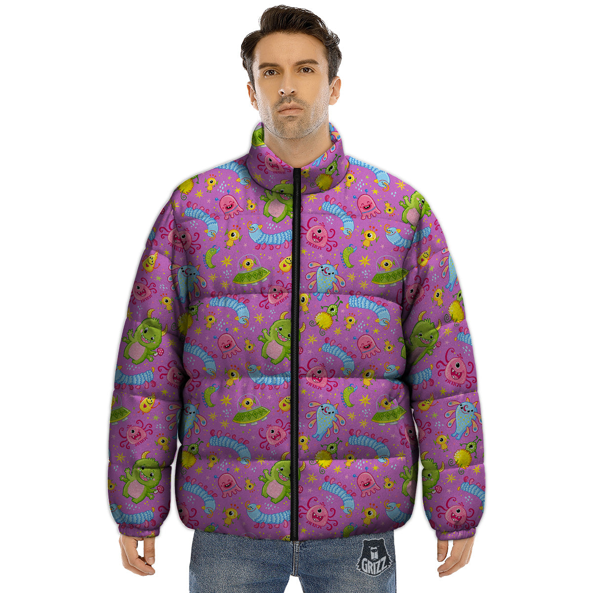 Pink Alien And Cute Monsters Print Pattern Puffer Jacket-grizzshop