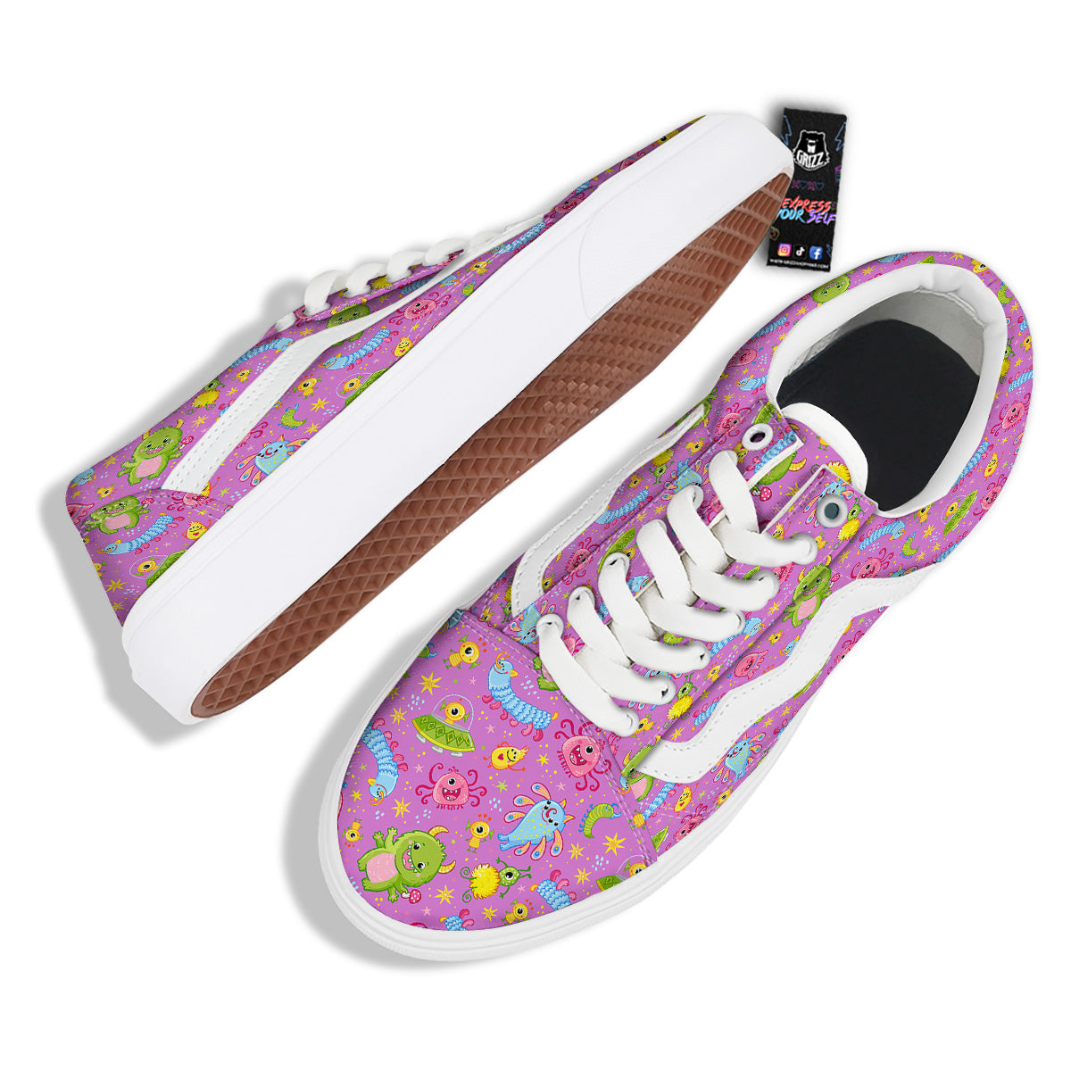 Pink Alien And Cute Monsters Print Pattern Skate Shoes-grizzshop