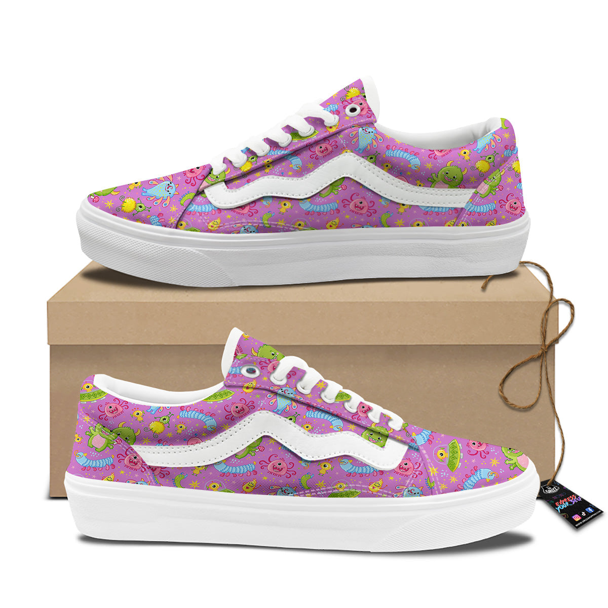 Pink Alien And Cute Monsters Print Pattern Skate Shoes-grizzshop