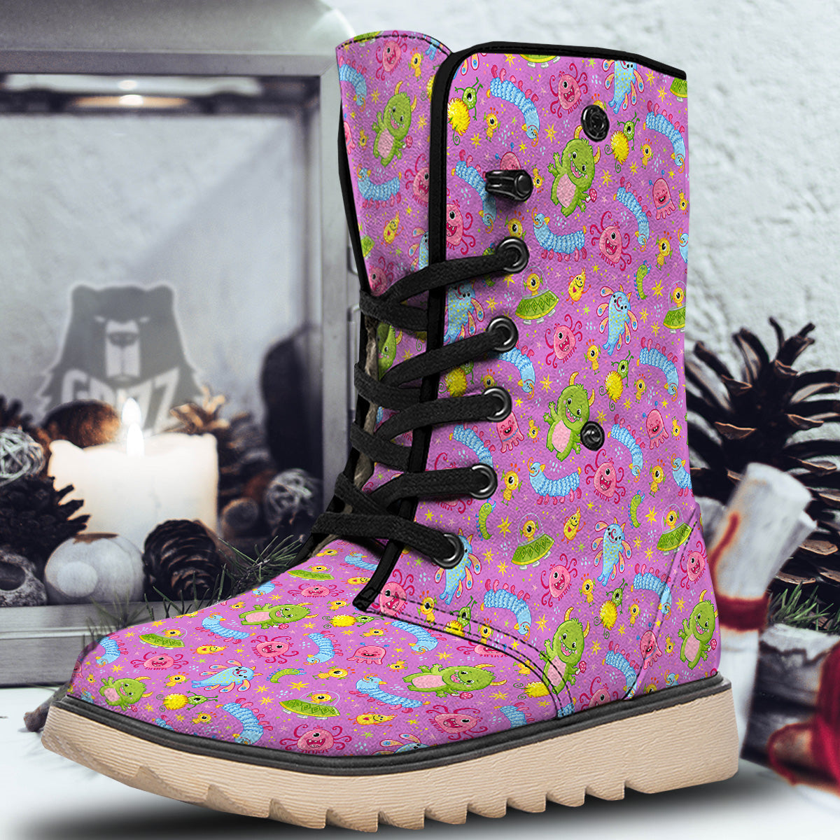 Pink Alien And Cute Monsters Print Pattern Snow Boots-grizzshop