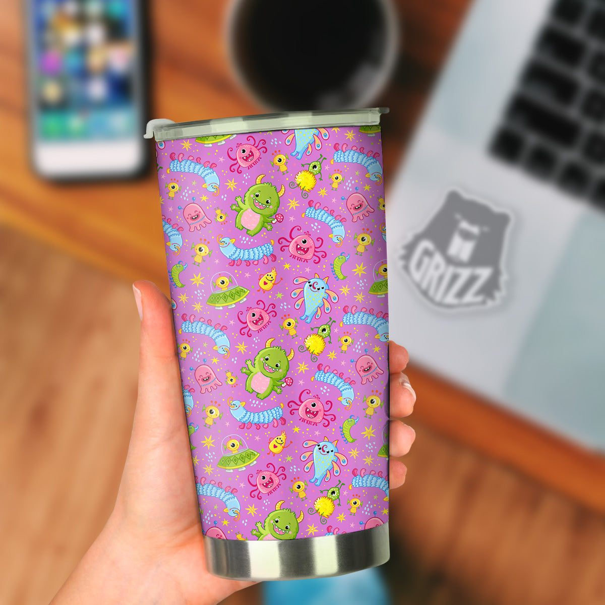 Pink Alien And Cute Monsters Print Pattern Tumbler-grizzshop