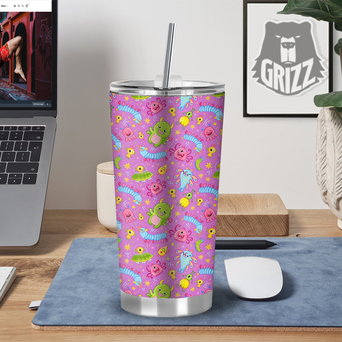 Pink Alien And Cute Monsters Print Pattern Tumbler-grizzshop