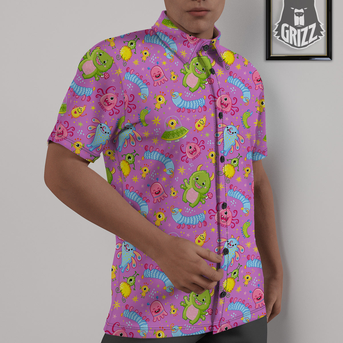 Pink Alien And Cute Monsters Print Pattern Untucked Shirts-grizzshop