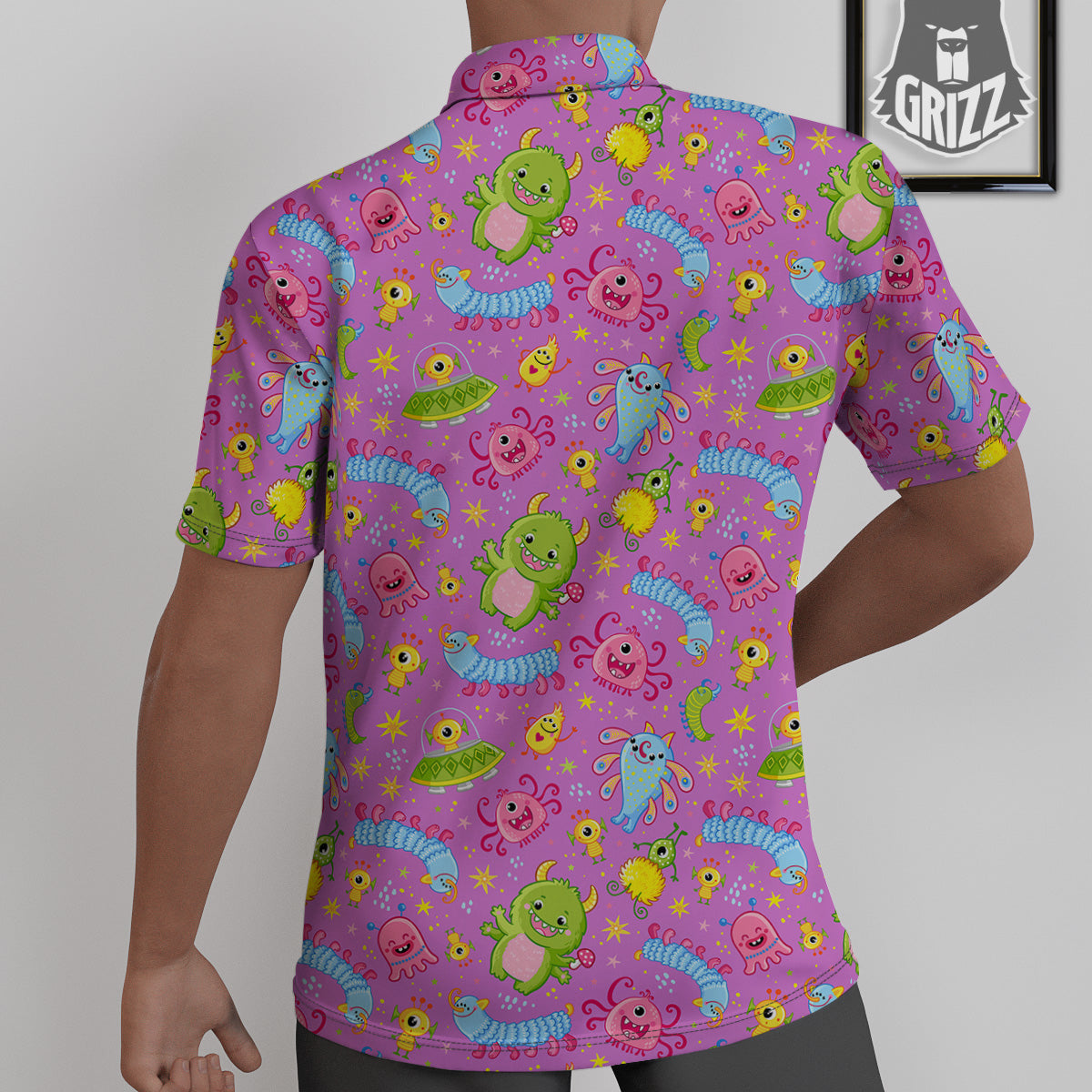 Pink Alien And Cute Monsters Print Pattern Untucked Shirts-grizzshop